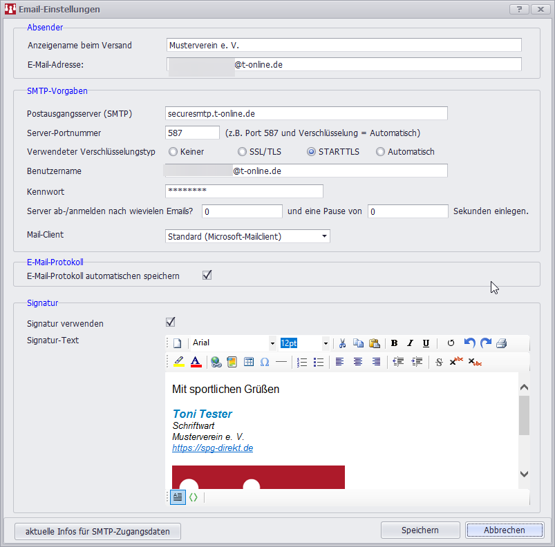 E-Mail-Einstellungen für T-Online in SPG-Verein